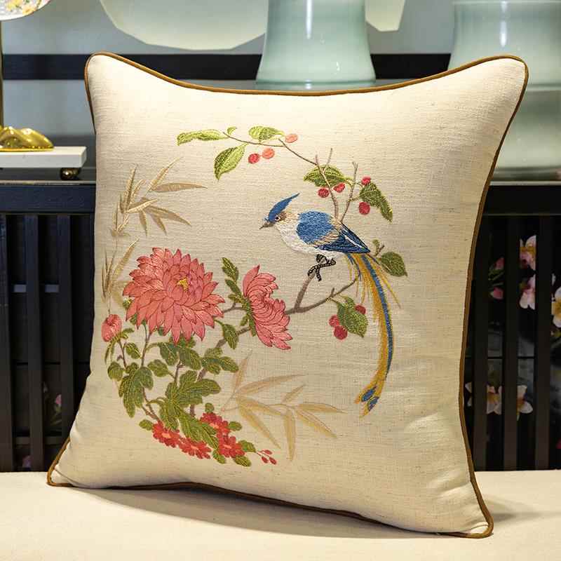 正品新中式靠垫红鸟木具抱枕古含典实木棉麻刺绣花家抱枕美式靠腰