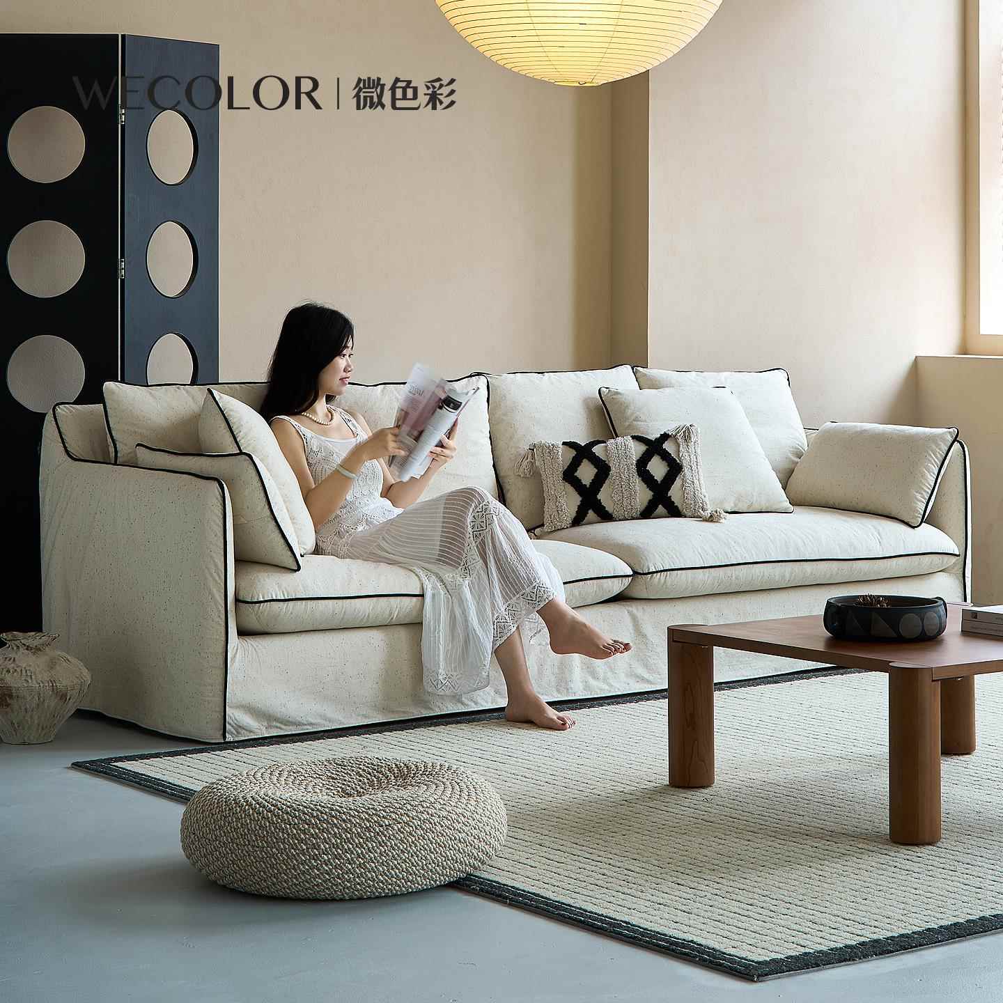 微色彩素影沙发法式奶油中古风客厅小户型可拆洗棉麻布艺羽绒沙发