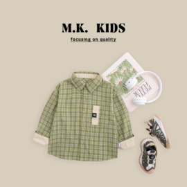 mk品牌儿童春款纯棉衬衫外套，经典格子衬衫清新绿男童外套cg80112