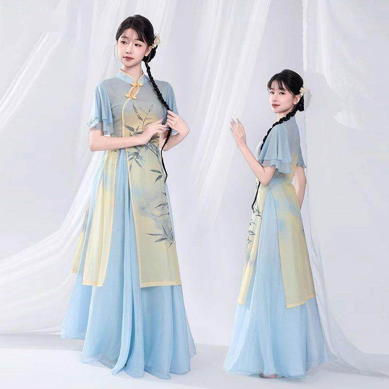新中式古典舞蹈服女飘逸印花纱衣中国风身韵旗袍舞蹈练功服套装