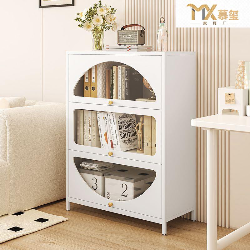 玻璃门钢制防尘斗柜储物柜奶油风落地多层书柜家用儿童书房收纳柜