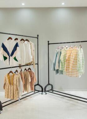 服装店双层挂衣架女装双杆展示架童装店货架挂衣服架子落地带轮子