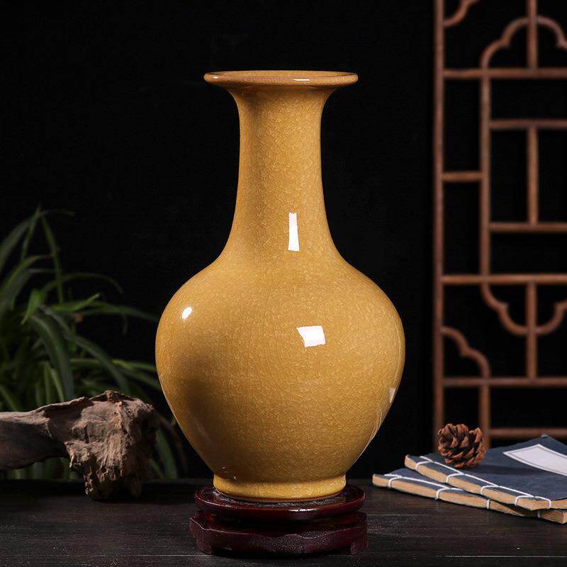 景德镇陶瓷器花瓶仿古官窑裂纹玉片黄色赏瓶中式工艺品摆件鲜花