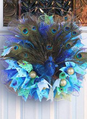 2023新款孔雀花环批发蓝色藤圈门挂婚庆装饰品户外场景布置