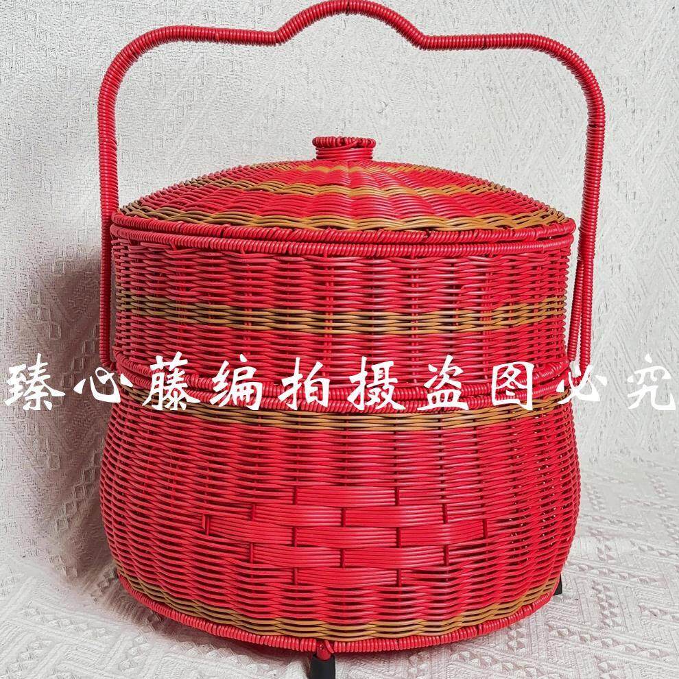 红色圆形双层带脚婚庆送礼乔迁新喜回娘家囍事专用彷藤手提篮