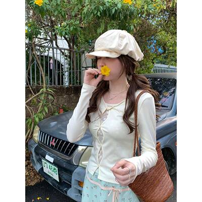 PtonUmi春日蕾丝 夏日设计感上衣女假两件修身巨好看针织长袖T恤