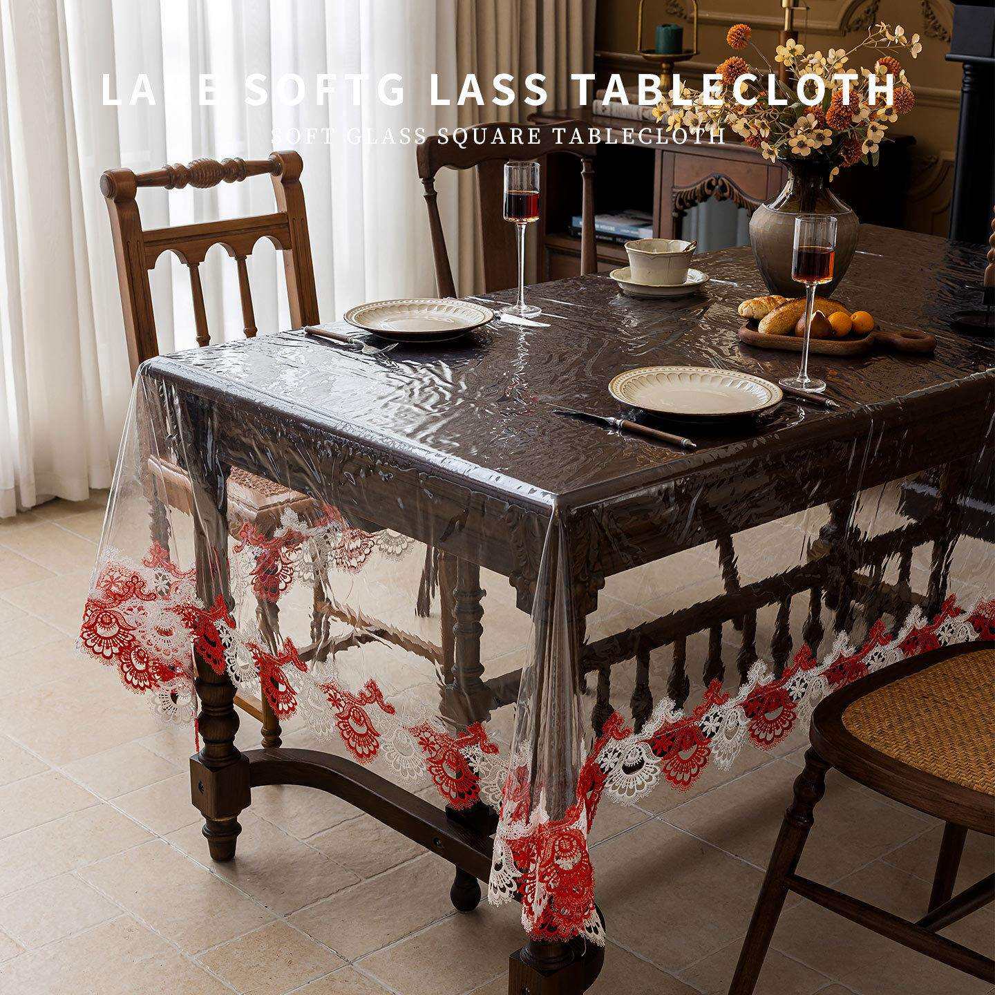 软玻璃防水桌布水溶绣花边红色喜庆蕾丝透明桌布跨境热卖餐桌布