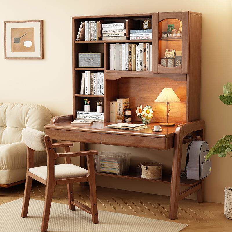 可升降实木书桌卧室书架一体学生写字桌家用儿童学习桌书房电脑桌