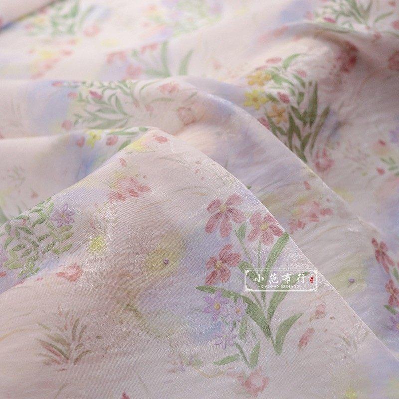 花影绮梦 粉紫色底印花 锦纶暗纹提花闪光感面料夏汉服旗袍布料