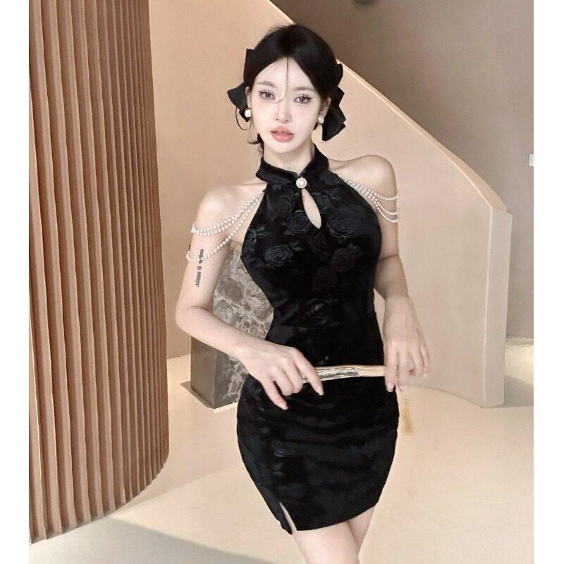 秋季主播服装女气质露肩短款旗袍礼服高级感改良新中式丝绒洋装