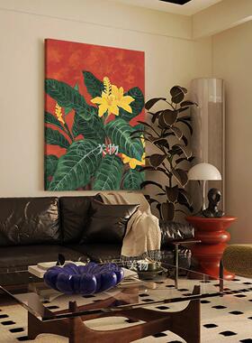 复古黄色花卉手绘油画餐厅客厅挂画中古风当代艺术玄关墙壁装饰画
