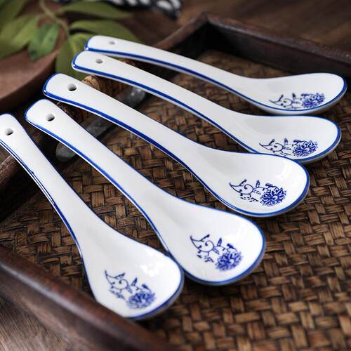 中式青花陶瓷勺家用餐厅商用勺子釉下彩加长喝汤调羹兰州拉面餐具