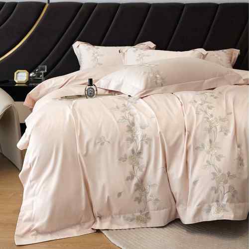 简约风100支长绒棉全棉四件套少女心花卉刺绣纯棉被套床单床品