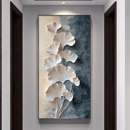 简约现代入户玄关装饰画银杏叶抽象立体感挂画走廊过道尽头砂岩画