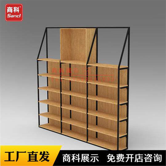 厂家制作商场超市铁木结合货架木层板挂钩文具便利店单面墙架