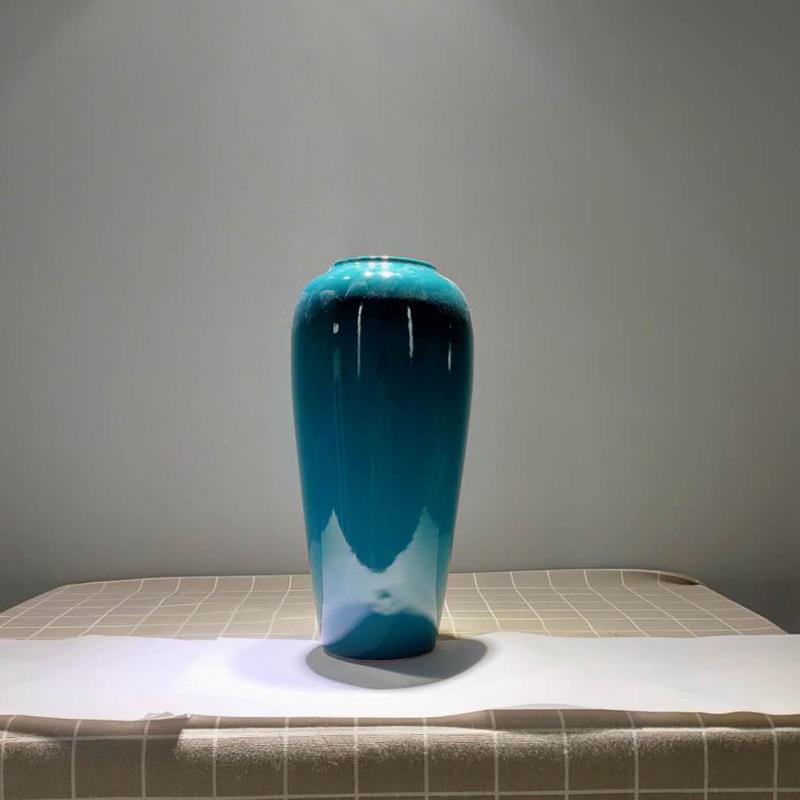 新中式花瓶摆件孔雀绿颜色釉陶瓷花器家居软装饰品样板间配饰