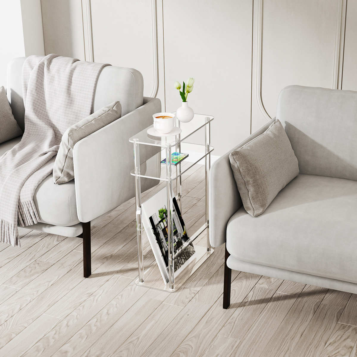 网红亚克力茶几三层杂志架落地ins边桌透明客厅极简北欧风置物架