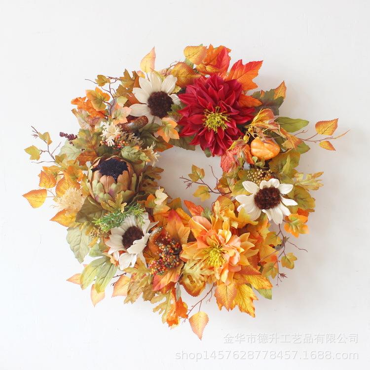 跨境电商亚马逊秋色感恩丰收节枫叶南瓜浆果真藤编制花环家居装饰