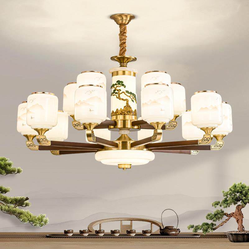 全铜新中式客厅吊灯2025新款中国风大气餐厅实木别墅大厅玉石灯具