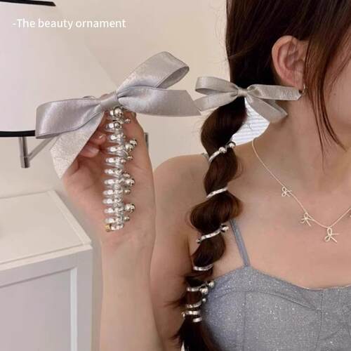 Shiny Silver Gray Ribbon Bow Bead Telephone Cord Hair Tie fo