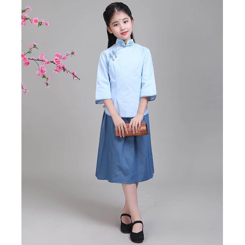 高档服女童2025新款旗袍民国风国学汉古服唐装风衣连裙演出礼服学