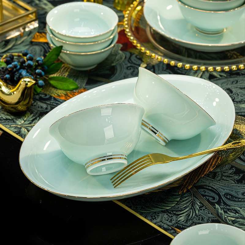 欧式金边碗碟套装家用景德镇陶瓷餐具碗盘组合高档青瓷描金送礼乔