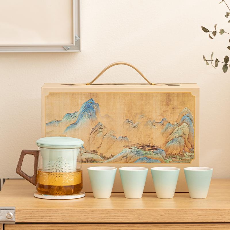 金澜江山玻璃快客杯泡茶器陶瓷一壶四杯便携茶杯办公杯茶水分离杯