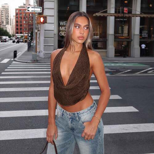 Shiny Halter Deep V Short Cropped Tank Top Sparkling