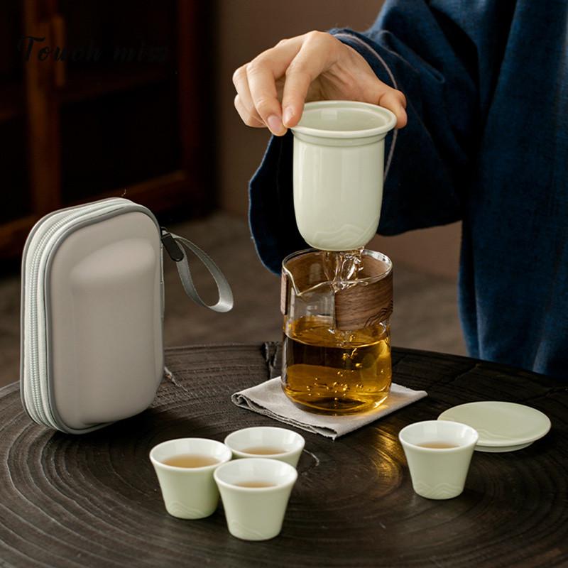TOUCH MISS旅行茶具套装便携式户外泡茶陶瓷快客杯一壶四杯玻璃