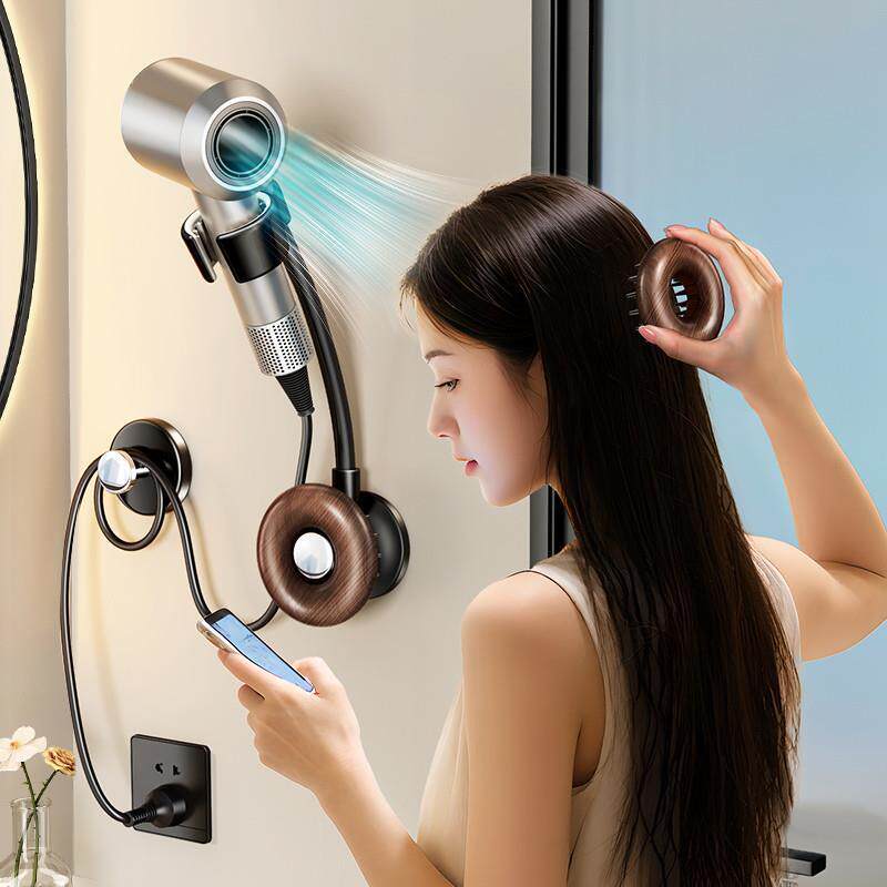 带化妆室懒人吹风机免吹风机置物收纳层架吹风机支架梳子打孔壁挂