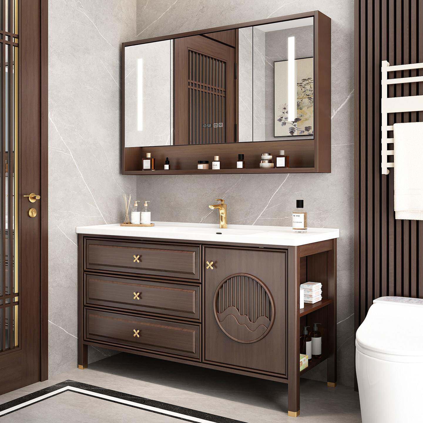 新中式橡木落地式浴室柜组合卫生间一体陶瓷盆洗漱台盆洗手池定制