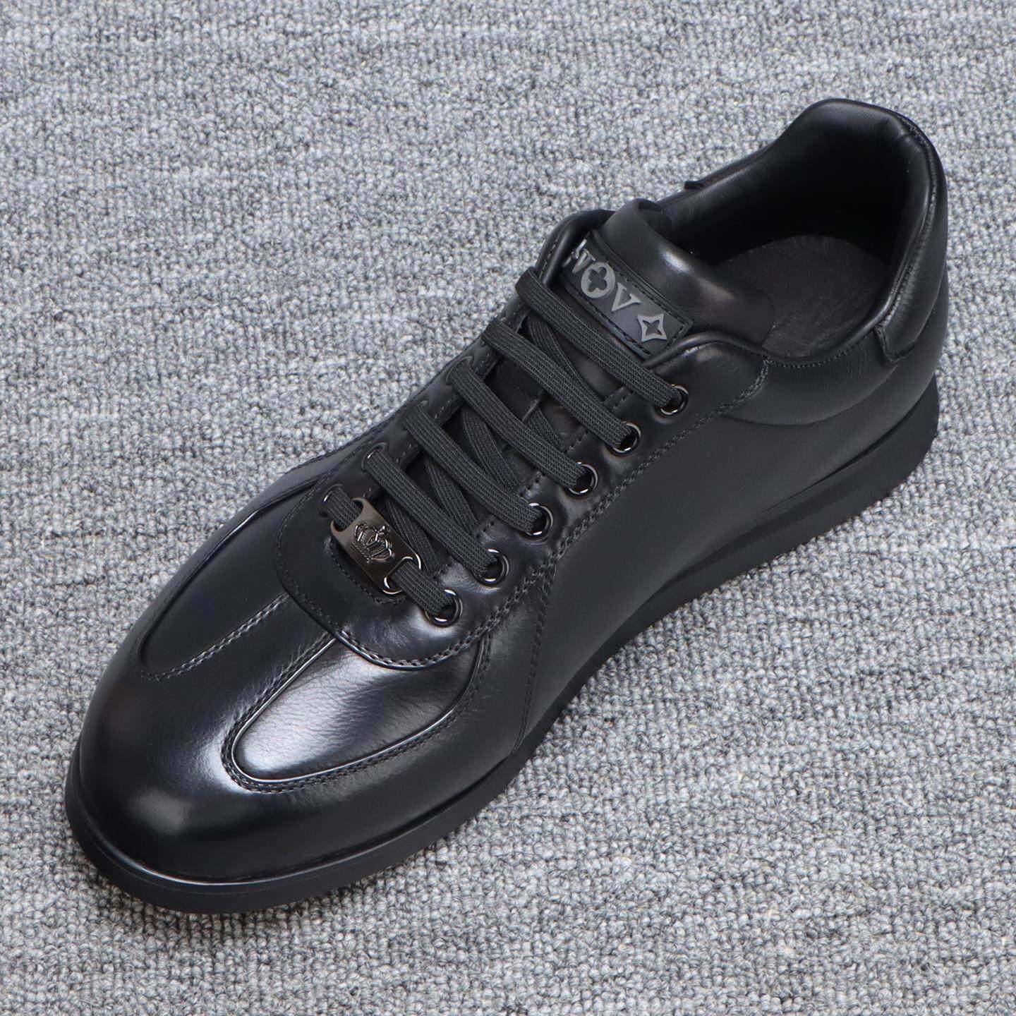 潮流百搭休闲运动皮鞋牛皮男鞋秋冬季2025新款真皮薄底黑色德训鞋