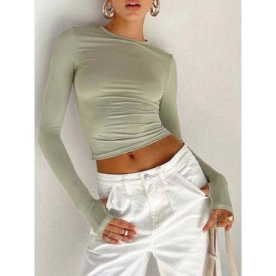 Fashion Women T-shirt Long Sleeve Crew Neck Solid Slim Fit
