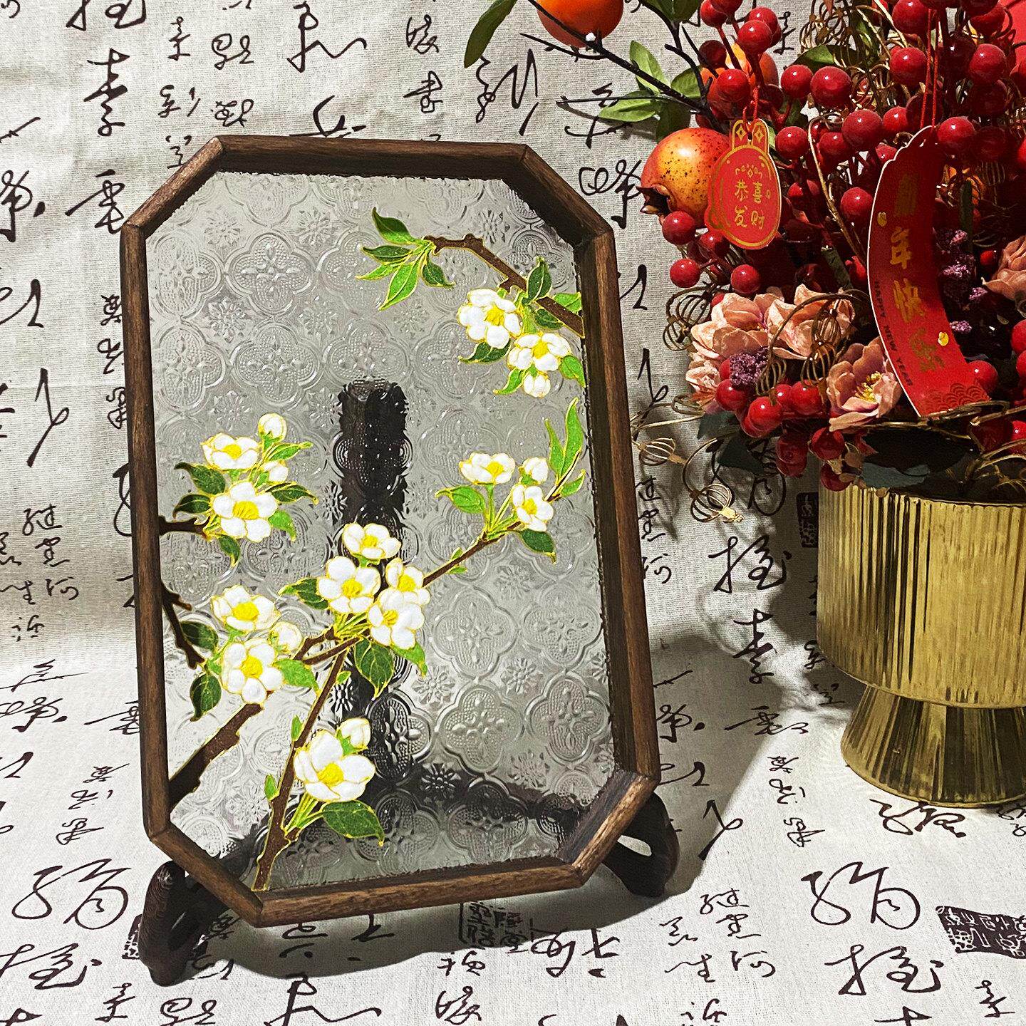 梨花掐丝珐琅画非遗手工diy材料海棠玻璃茶盘景泰蓝节日创意礼物