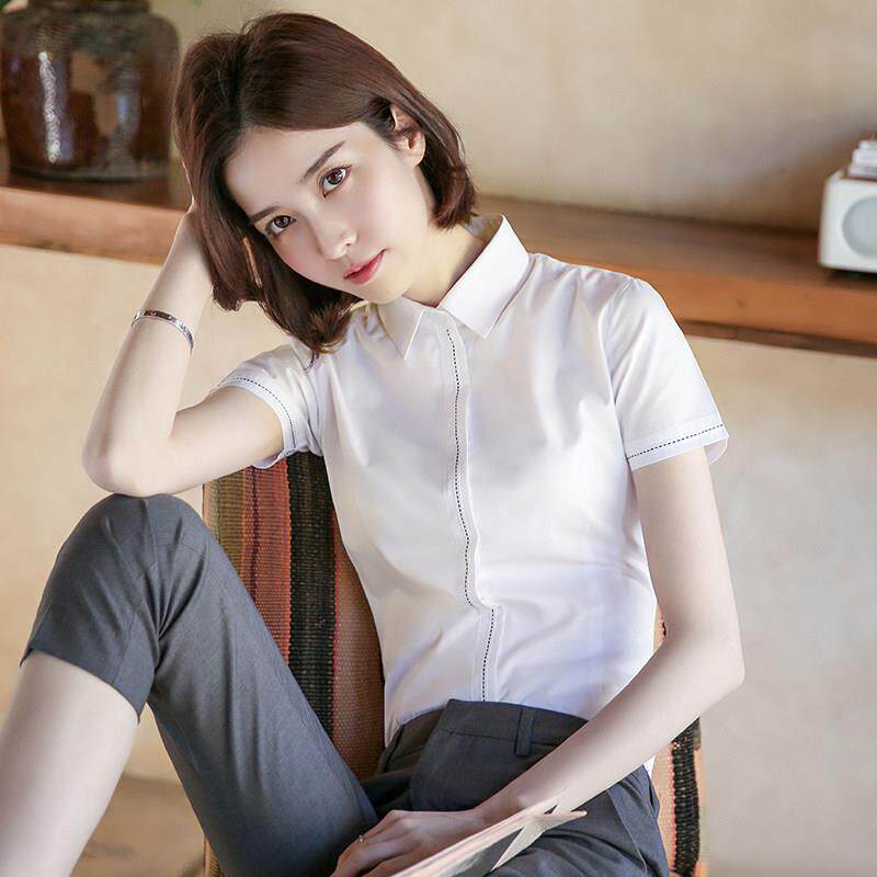 欧洲站短袖白色衬衫女夏季气质上班服时尚洋派工作服修身韩版上衣