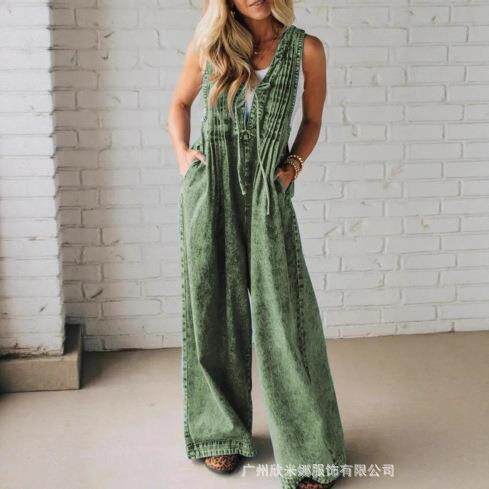 Women's V-neck sleeveless backless denim jumpsuit