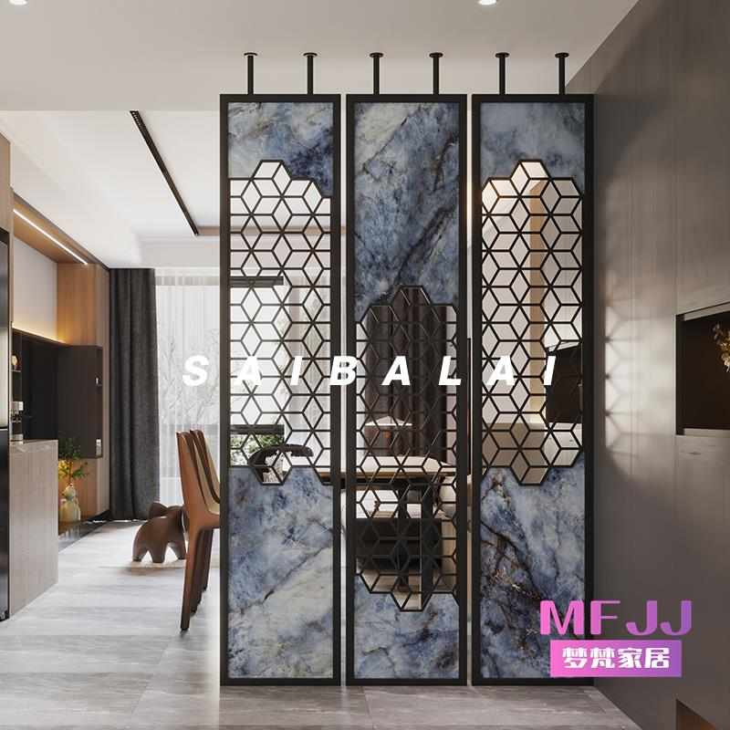W8新中式不锈钢铁艺轻奢屏风简约抽象隔断墙餐客厅入户玄关卧室遮