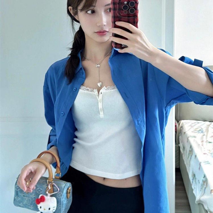 NextMary复古克莱因蓝长袖棉麻衬衫女春夏季法式显白衬衣显瘦上衣