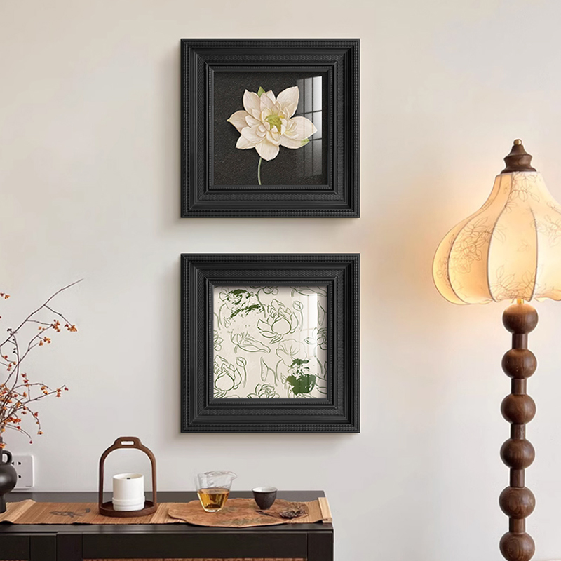 法式复古中古风装饰画高级感入户玄关摆画荷花客厅背景墙艺术挂画图片