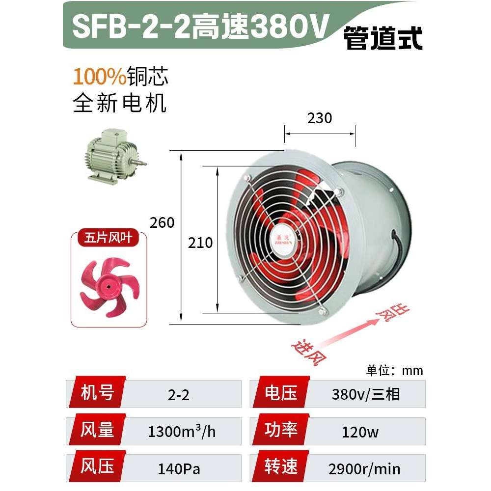 新款浙江沈力耐高温轴流风机220V防油防潮厨房管道工业排气扇380V