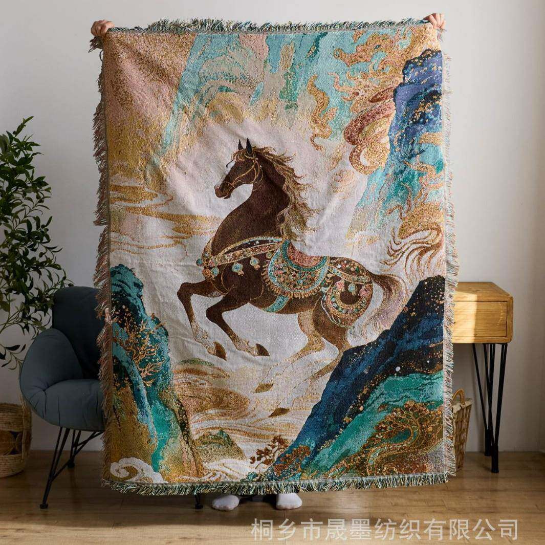 马年国潮一马当先线毯油画风艺术挂毯沙发毯针织盖毯地毯装饰毯