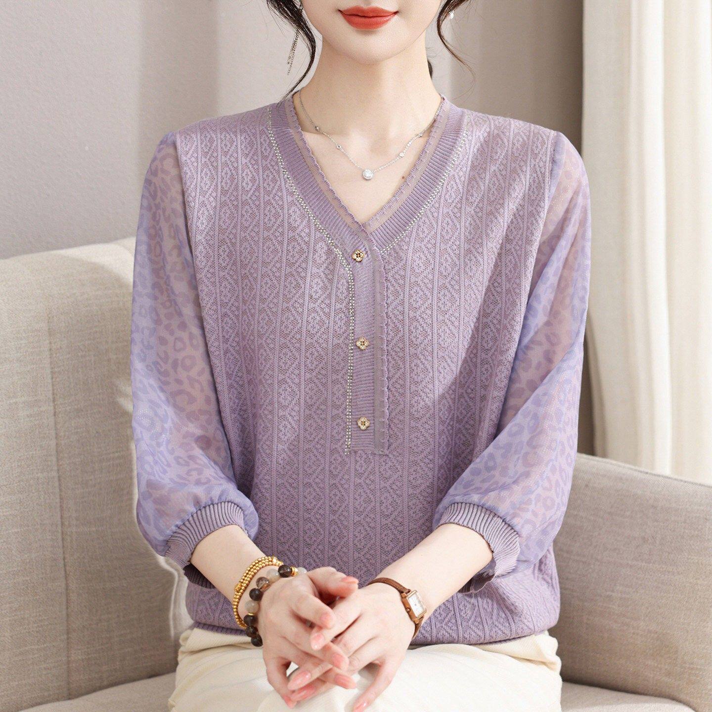 春夏桑蚕丝上衣女洋气中年妈妈宽松遮肚加肥加大码7分纱袖冰丝T恤