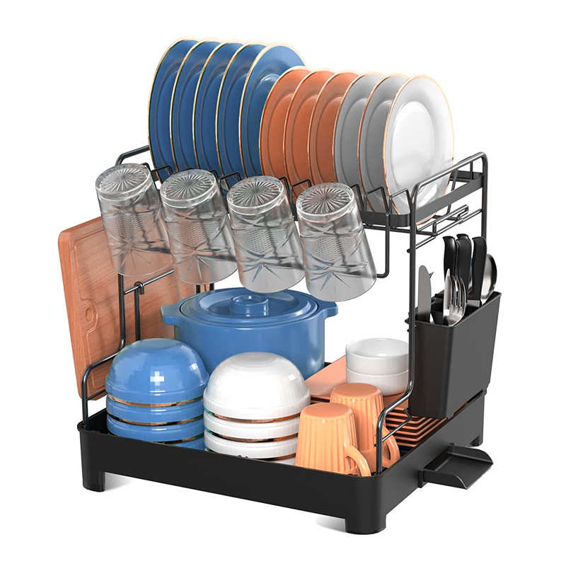 小号金属碗碟架带杯托架莱板架厨房双层碗筷收纳架配排水盘