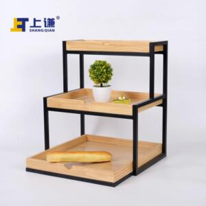 上谦三层阶梯松木铁架面 面包超市水果化妆品服装花卉陈列架促销