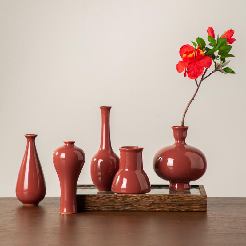 中式宫墙红陶瓷花瓶花艺插花花器禅意装饰家居客厅玄关摆件