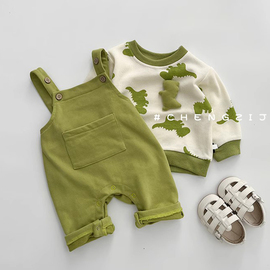婴儿衣服春秋季背带裤，哈衣+卡通套头休闲卫衣两件套宝宝衣服套装