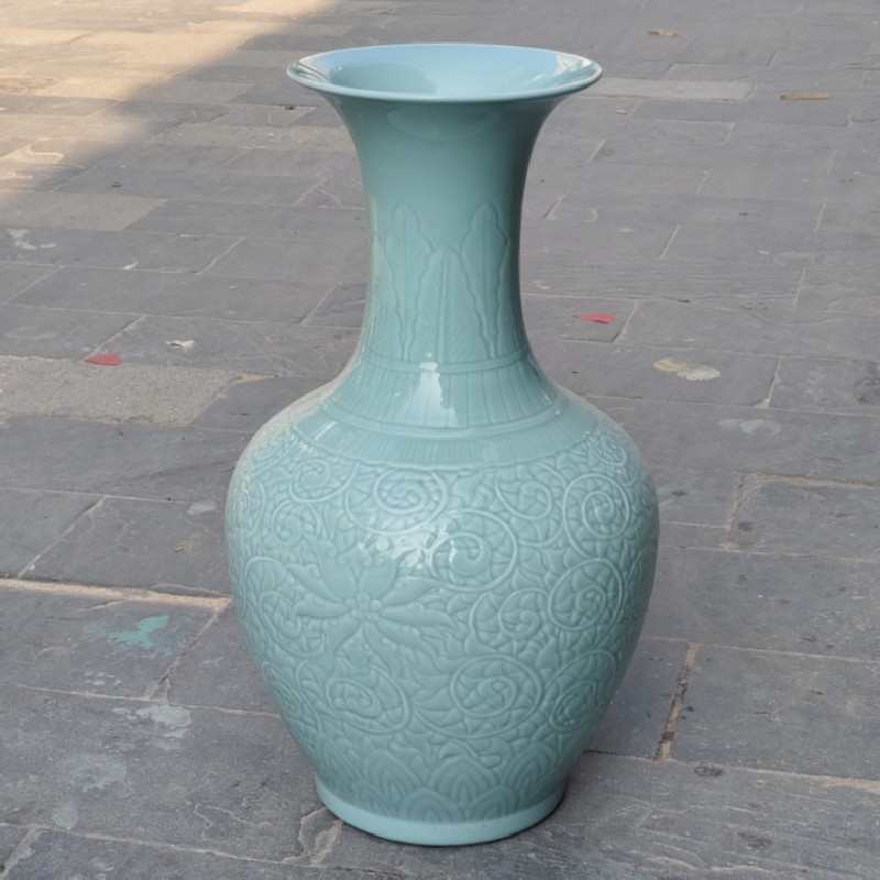 景德镇手工雕刻青釉缠枝莲荷花大赏瓶落地花瓶典雅新中式装饰摆件