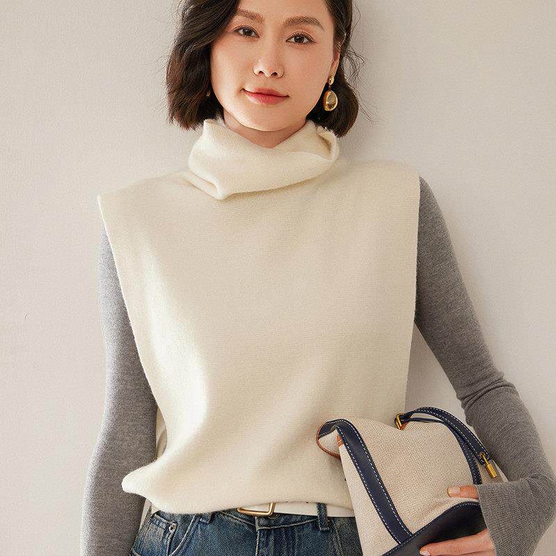 大牌设计师款~叠穿羊绒马甲女堆领无袖坎肩背心宽松套头针织毛衣