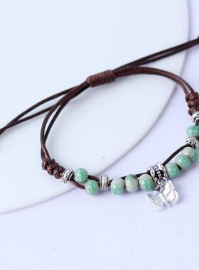 厂家货源新中式复古蝴蝶手链小众陶瓷饰品挂件编织手绳民族风手饰