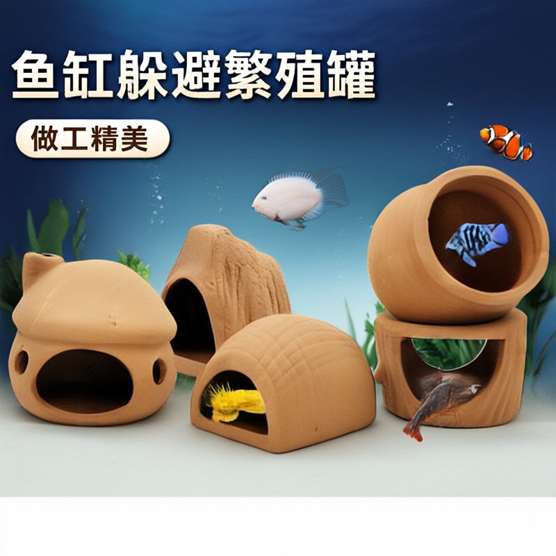 鱼缸造景紫砂陶罐躲避躲避装饰